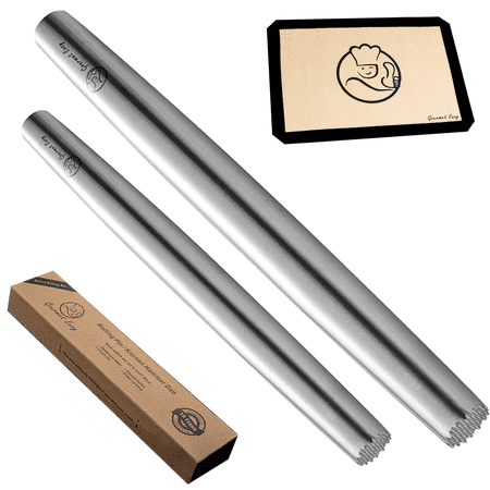 Gourmet Easy Multi-Function Stainless Steel French Rolling Pin - 10" and 12.8" with Silicone Baking Mat