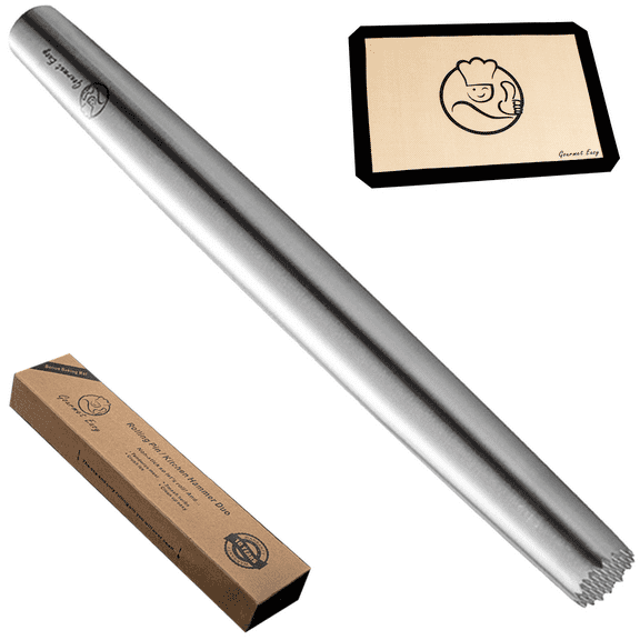 Gourmet Easy - Multi-Function Stainless Steel French Rolling Pin - 12.8" with Silicone Baking Mat