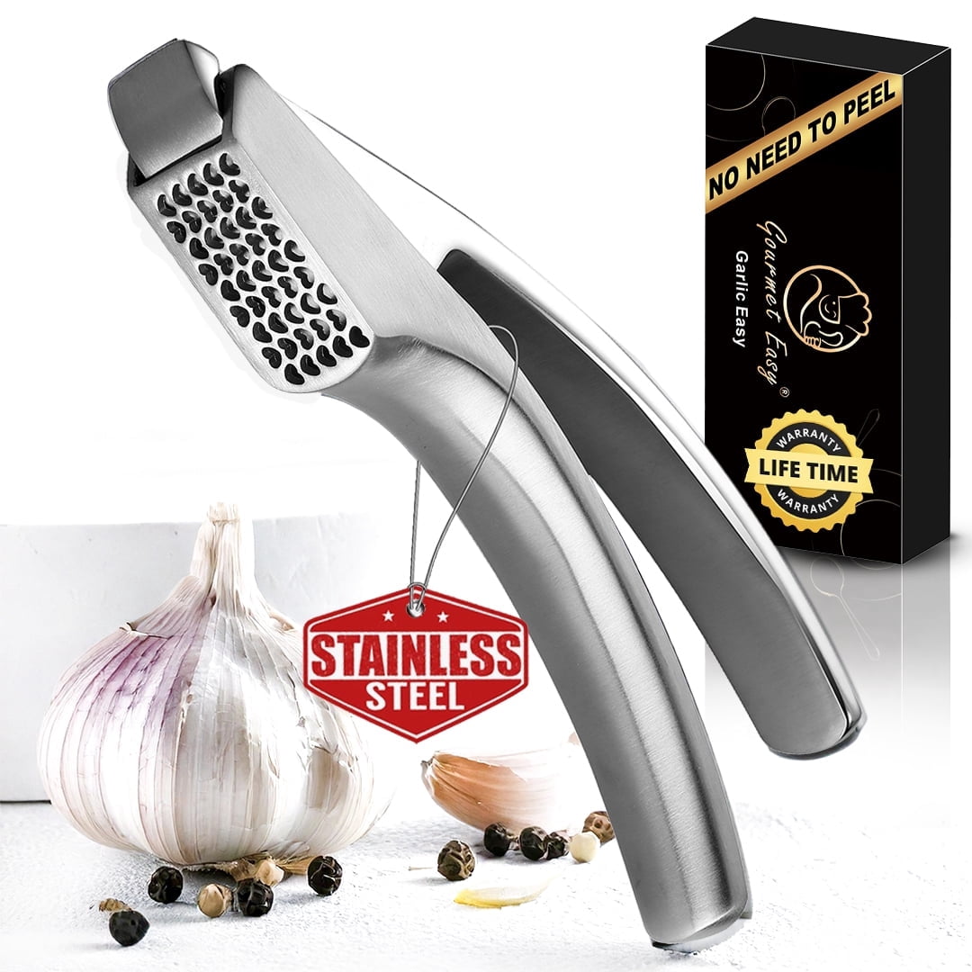 Gourmet Easy -No Peeling Required Stainless Steel Garlic Press with Detachable Handle for Coarse Mincing - Premium Garlic Mincer Tool, Rust-Proof, Easy to Clean, Dishwasher Safe Garlic Crusher