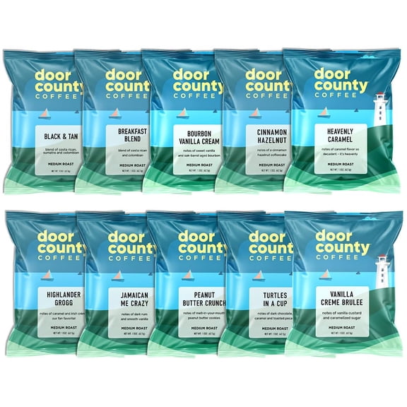 Gourmet Flavored Coffee Sampler Pack - 10 Bags of Unique Flavored Coffees  100% Specialty Grade 1 Arabica -1.5 oz Full-Pot Bags - Roasted by Door County Coffee