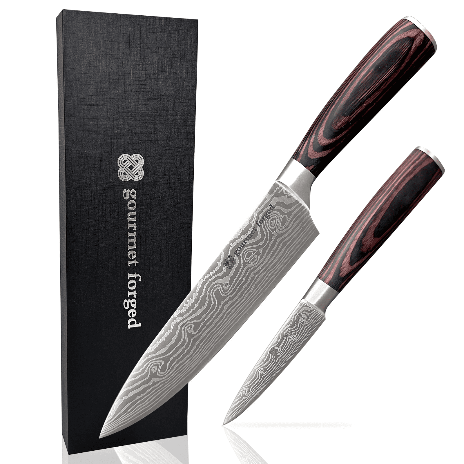 Gourmet Forged ChefDuo Professional 8 inch Chef Knife and 3.5 inch Paring Knife 2 Piece Set Ultra Sharp High Carbon German Steel with Damascus Pattern Ergonomic Pakkawood Handles Gift Box
