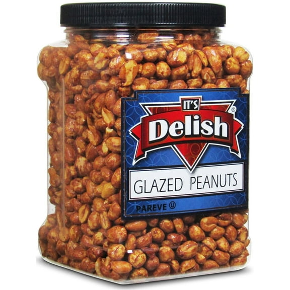 Gourmet Glazed Peanuts by Its Delish, 40 Oz Jumbo Reusable Container Jar Vegan, Kosher, Non-GMO, No Artificial Flavors Lightly Sweetened for Salads, Snacking, Ice Cream Granola & Yogurt Topping