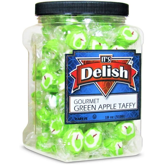 Gourmet Green Apple Soft Taffy Candy Chews by It's Delish  18 Oz Jumbo Reusable Container  Individually Wrapped Green Taffies Chewy Apple Flavored Fruit Chews  USA Made