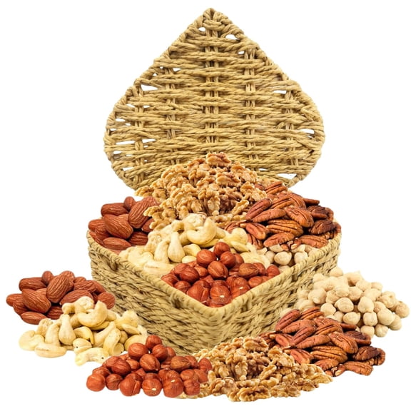 Gourmet Heart Shaped Nut Basket ? Premium Mixed Nuts Including Turkish Hazelnuts,Oregon Hazelnuts, Walnuts, Almonds, Pecans & Brazil Nuts in Mini Bags