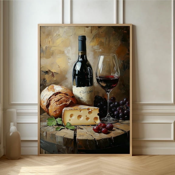 Gourmet Indulgence Artful Wine Cheese And Bread Still Life Perfect For Kitchen And Dining Room Decor