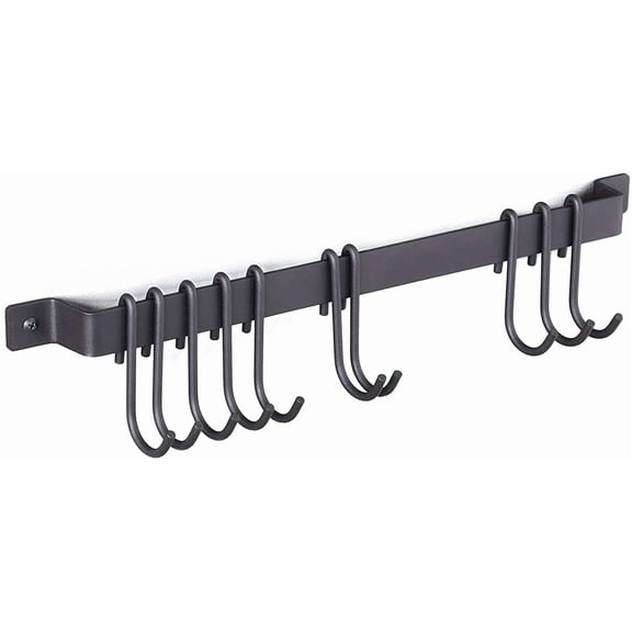 Gourmet Kitchen Rail with 10 Hooks, Wall Mounted Wrought Iron Hanging Utensil Holder Rack with Black 17 Inch