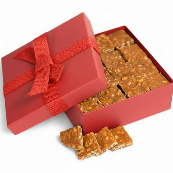 Gourmet Macadamia Brittle Red Gift Box - by Its Delish Handmade Old-Fashioned Style Beautiful & Delicious Square Cut Pieces 16 Oz Macadamia Brittle New Years Party Anniversary Hostess...