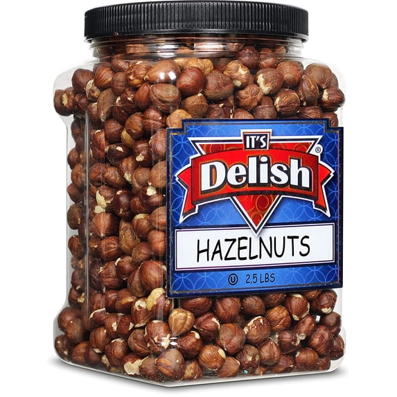 Gourmet Raw Hazelnuts Shelled by Its Delish, 2.5 lbs Reusable Jumbo Container Unsalted Hazelnuts Filberts for Vegan, Kosher and Gluten-Free Nut Snacks