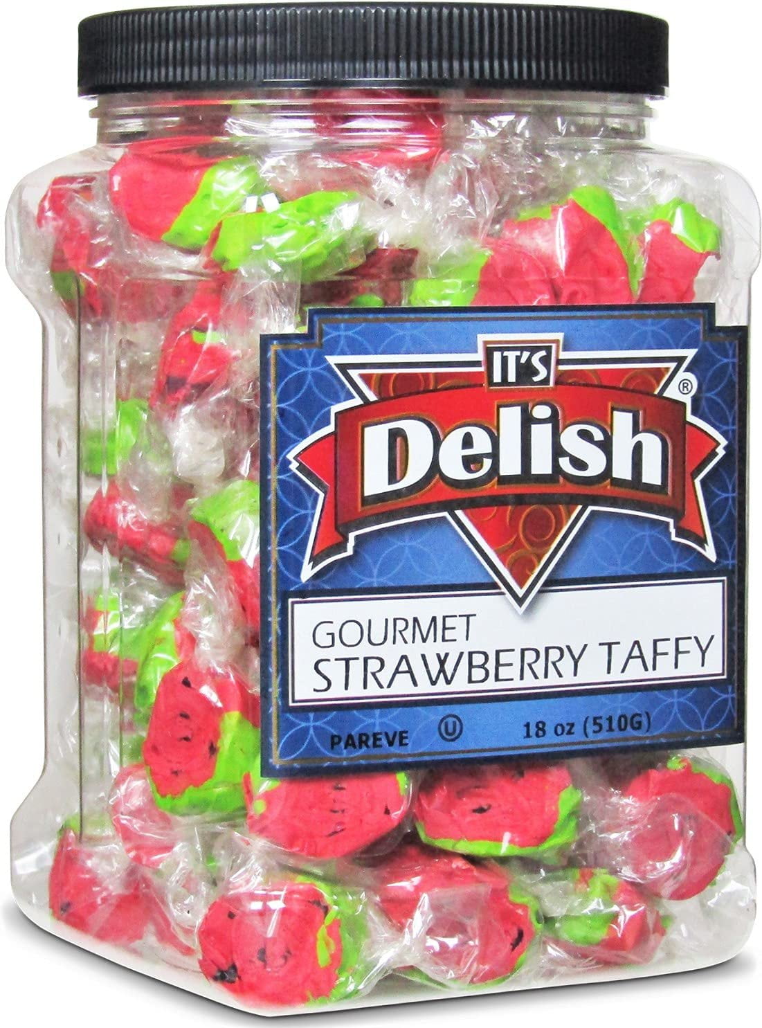 Gourmet Red Strawberry Flavored Taffy Chews by Its Delish 18 Oz Jumbo Reusable Container Jar Chewy Fluffy Individually Wrapped Sweet & Juicy Soft Candy Taffies
