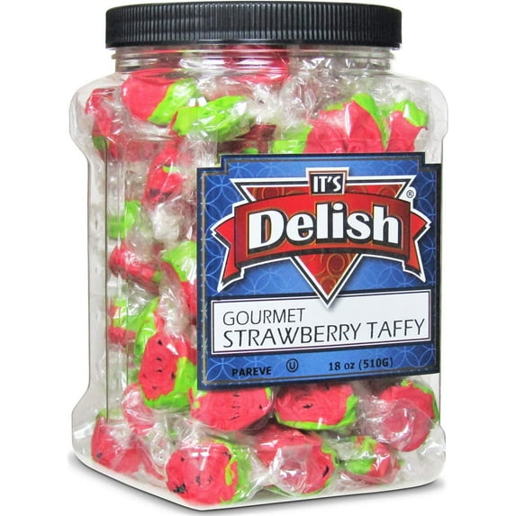 Gourmet Red Strawberry Flavored Taffy Chews by Its Delish 18 Oz Jumbo Reusable Container Jar Chewy Fluffy Individually Wrapped Sweet & Juicy Soft Candy Taffies