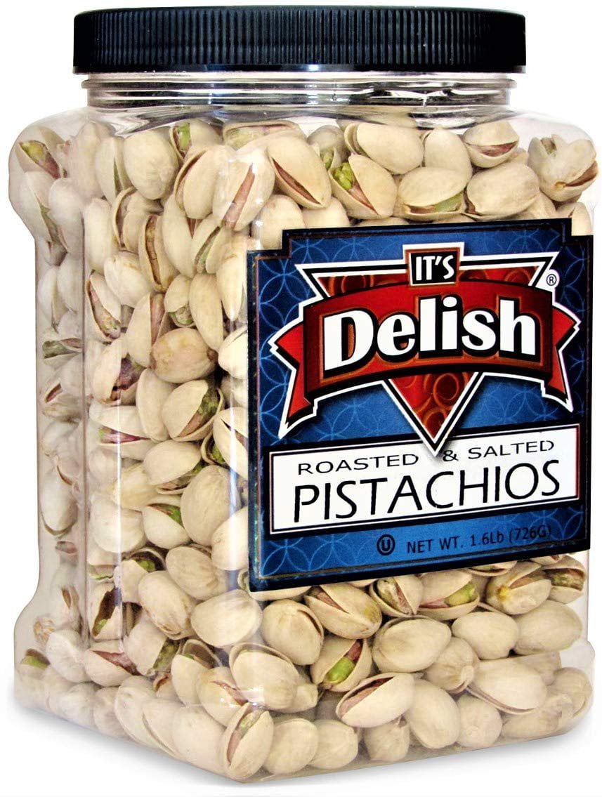 Gourmet Roasted Salted Pistachios with Sea Salt by Its Delish, 1.6 LBS Jumbo Reusable Container Jar - Bulk Style, Fresh & Crunchy Dry Roasted Pistachio Nuts in Shell with Salt - Great Kosher Snack