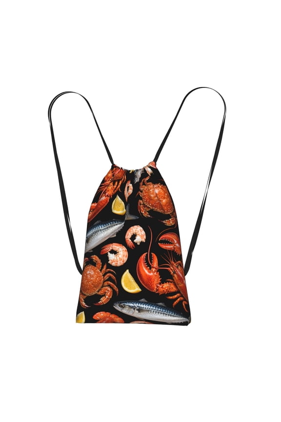 Gourmet Seafood Platter Pattern Art Packable Drawstring Backpack, Lightweight Foldable Cinch Storage Bag for Gym Travel Shopping