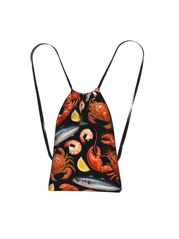 Gourmet Seafood Platter Pattern Art Packable Drawstring Backpack, Lightweight Foldable Cinch Storage Bag for Gym Travel Shopping