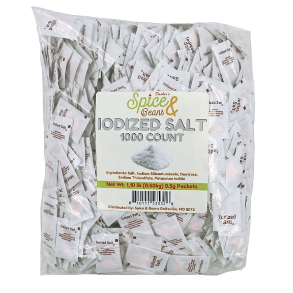 Iodized Salt Packets 1000 Count | 0.6 g Single Serve Portions | Bulk Pack for Restaurants | Catering | Takeout | Office Breakrooms | Dasher's Spice & Beans