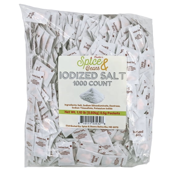 Iodized Salt Packets 1000 Count | 0.6 g Single Serve Portions | Bulk Pack for Restaurants | Catering | Takeout | Office Breakrooms | Dasher's Spice & Beans
