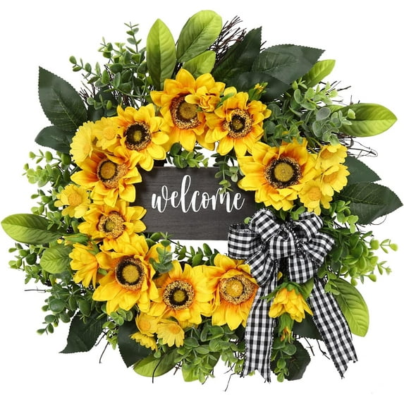 Sunflower Wreath with Welcome,Spring Summer Wreath for Front Door, Unique Housewarming Gift,mother'day Gift,Farmhouse Porch Decor,Sunflower Wall Decor,Wedding Favors,Year Round wreaths-20inch