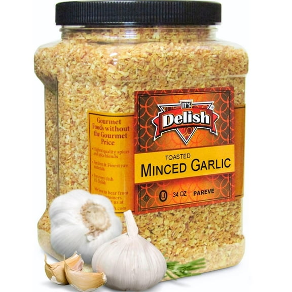 Gourmet Toasted Dried Minced Garlic by Its Delish, 2.1 LBS 34 Oz Jumbo Container Jar Dry Roasted Garlic Flakes All Natural Peeled Chopped Garlic Cloves Dehydrated - Kosher