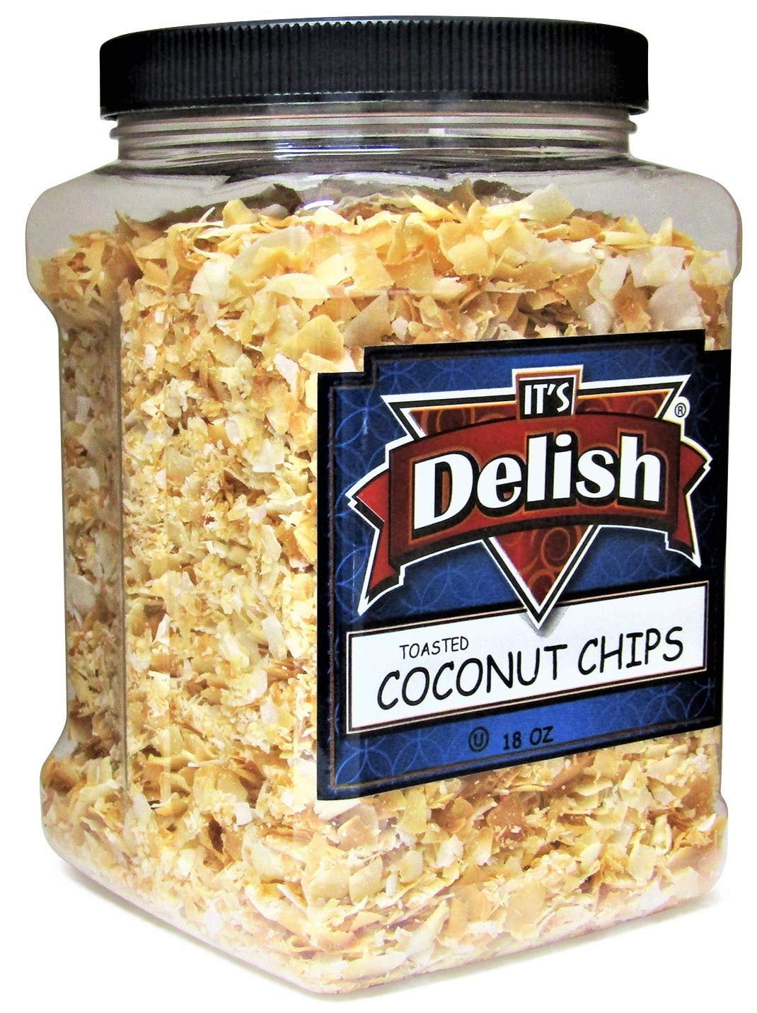 Gourmet Toasted Sweetened Coconut Chips by Its Delish - 18 Oz Jumbo Reusable Container Jar - Healthy Creative Snacks Favorite Food Crunch - Great For Snacking, Baking and Decorating