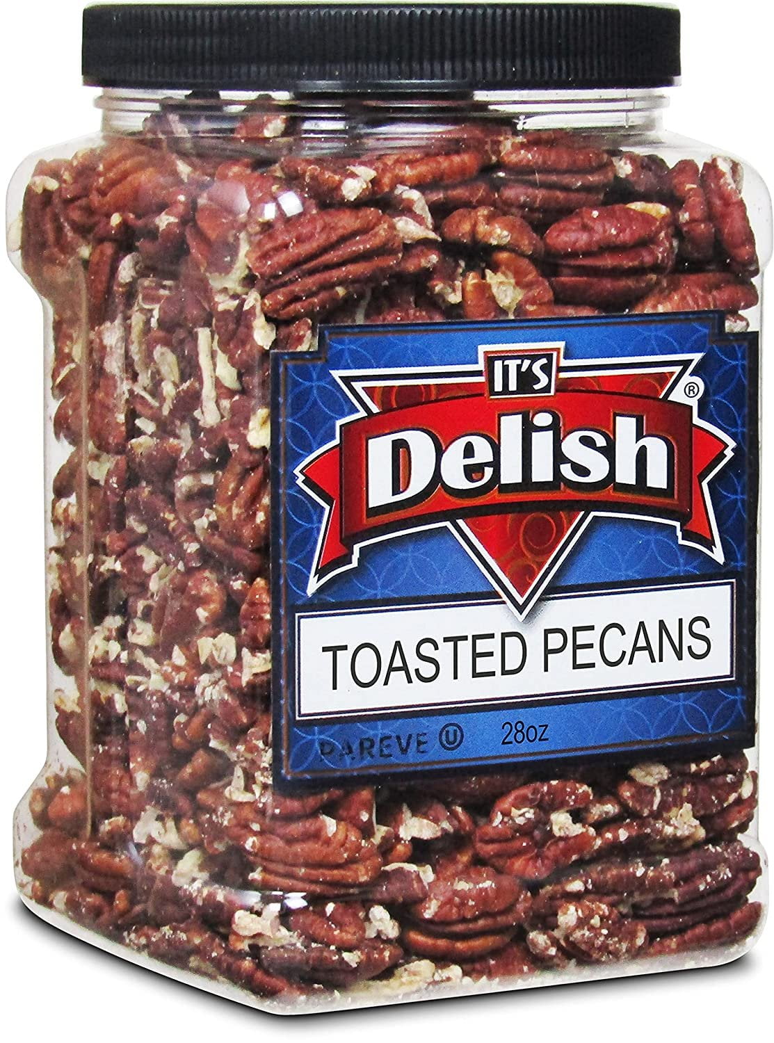 Gourmet Toasted Unsalted Pecans by Its Delish, 28 Oz Jumbo Reusable Container Jar  Oven Fresh Dry Roasted Pecan Nuts Halves Unsalted - Keto, Kosher