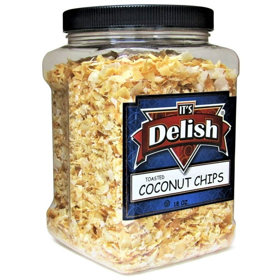 Gourmet Toasted Unsweetened Coconut Chips by Its Delish - 18 Oz Jumbo Reusable Container Jar - Healthy Creative Snacks Favorite Food Crunch - Great For Snacking, Baking and Decorating