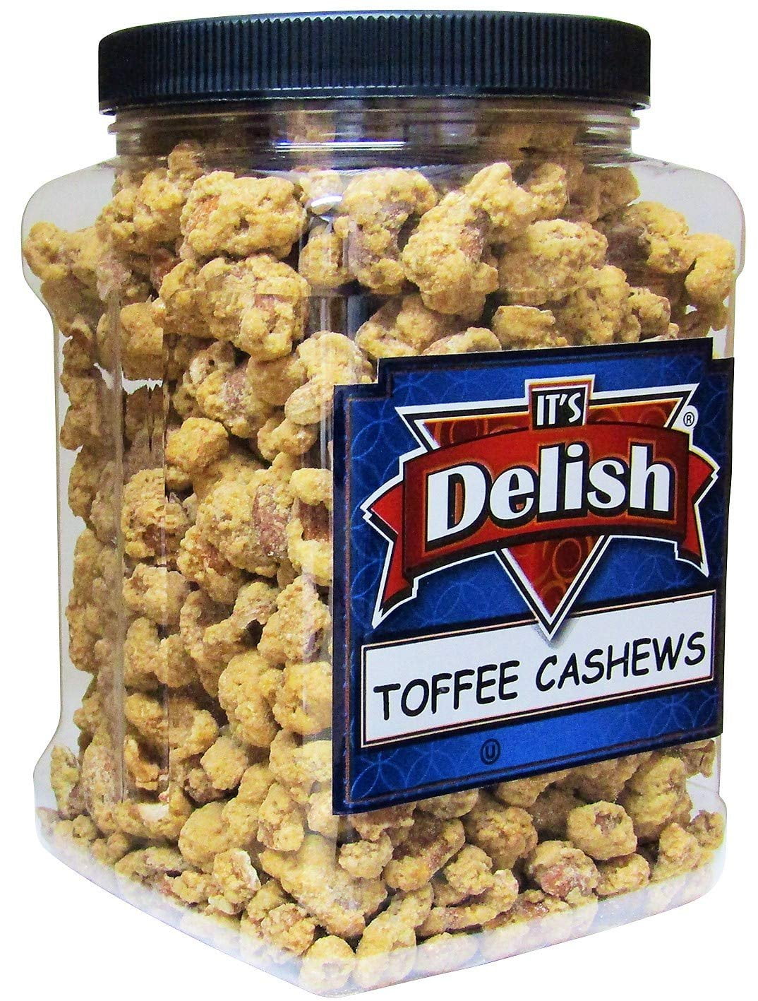 Gourmet Toffee Coated Cashews by Its Delish - 2.3 LBS Jumbo Reusable Container Jar - Sweet Crunchy Caramelized Cashew Nuts Snack