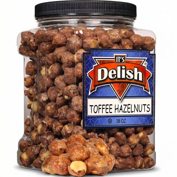 Gourmet Toffee Coated Hazelnuts by Its Delish, 38 OZ Jumbo Container  Butter Flavored Candied Roasted Hazelnut Covered  Sweet Crunchy Caramelized Nuts Candy Nut Snack  Dairy Free, Vegan, Kosher