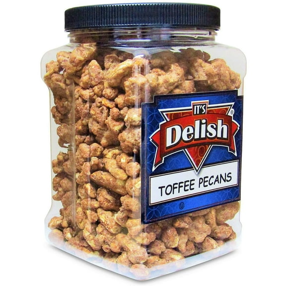 Gourmet Toffee Coated Pecans by Its Delish - 2.2 LBS Jumbo Reusable Container Jar - Sweet Crunchy Caramelized Pecan Nuts Snack