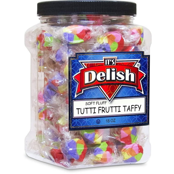 Gourmet Tutti Frutti Taffy Chews by It's Delish 18 Oz Jumbo Reusable Container Jar  Chewy Fluffy Individually Wrapped Sweet & Juicy Soft Candy Rainbow Themed Taffies - USA Made
