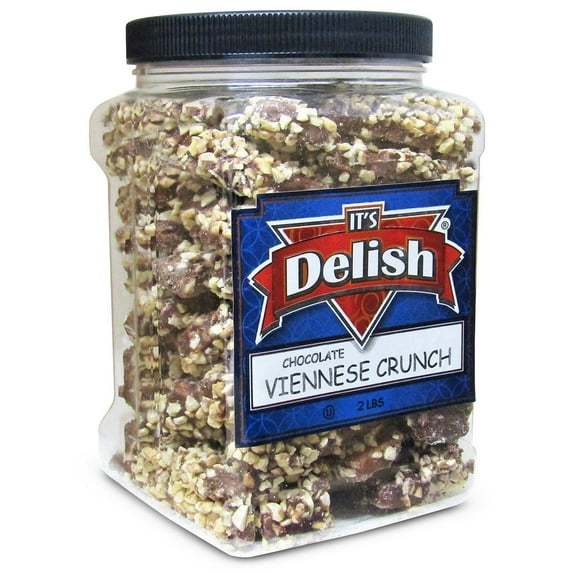 Gourmet Viennese Crunch by Its Delish 2 LBs Jumbo Reusable Container 32 Oz Jar Premium Dark Chocolate Coated With Chopped Nuts Hard Candy Bulk English Toffee Certified Kosher OU Parve