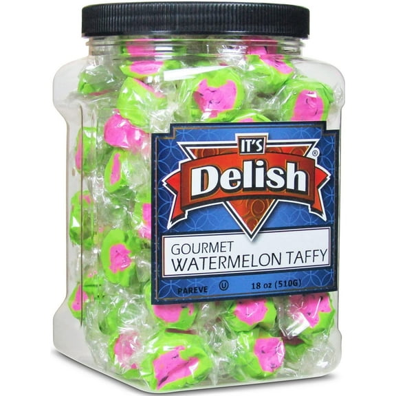 Gourmet Watermelon Taffy Chews by Its Delish  18 Oz Jumbo Reusable Container Jar  Chewy Fluffy Individually Wrapped Sweet & Juicy Soft Candy Taffies - USA Made
