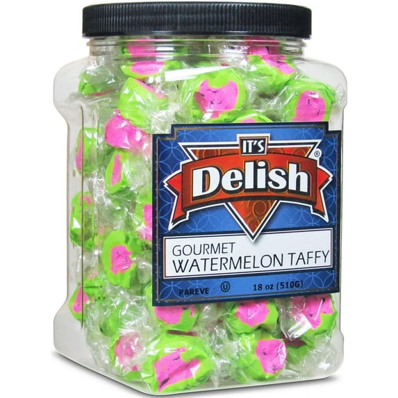Gourmet Watermelon Taffy Chews by Its Delish 18 Oz Jumbo Reusable Container Jar Chewy Fluffy Individually Wrapped Sweet & Juicy Soft Candy Taffies - USA Made