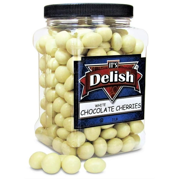 Gourmet White Chocolate Covered Cherries by It's Delish, 3 lbs Jumbo Reusable Container  Premium White Chocolate Coated Dried Cherries - Kosher Dairy
