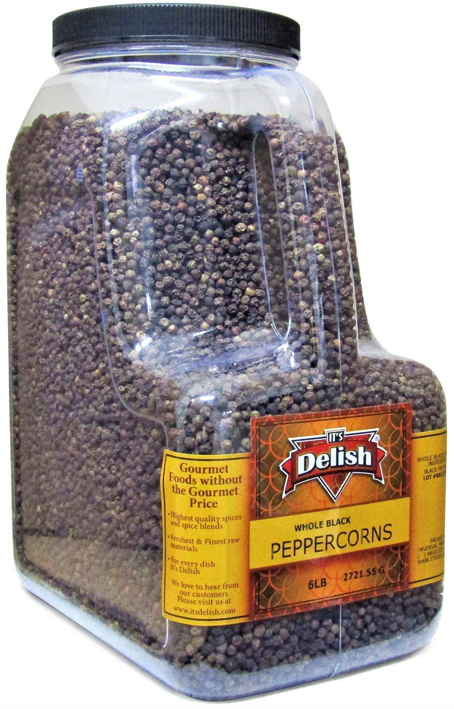 Gourmet Whole Black Peppercorns by It's Delish - 6 LBS Gallon Size Jug - Whole Black Pepper Restaurant Size Container - Premium Dried Peppercorns for Grinder Refill - All Natural, Kosher & Fresh