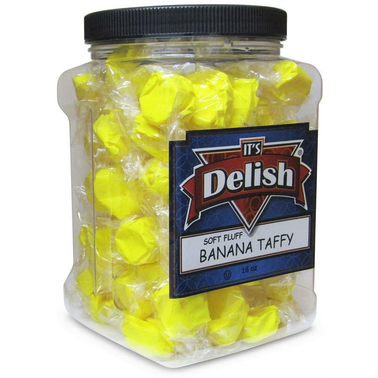Gourmet Yellow Banana Soft Taffy Candy Chews by It s Delish Jumbo Reusable Container Sixteen 16 Oz Sealed to Maintain Taste Chewy Banana