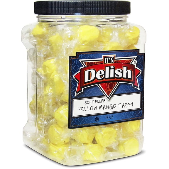 Gourmet Yellow Mango Taffy Chews by It's Delish, 18 Oz Jumbo Reusable Container Individually Wrapped Yellow Taffies Chewy Mango Flavored Fruit Chews Soft Candy USA Made,