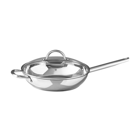 Gourmet by Bergner - 12" Stainless Steel Covered Fry Pan with Vented Glass Lid and Helper Handle, 12 Inches, Polished