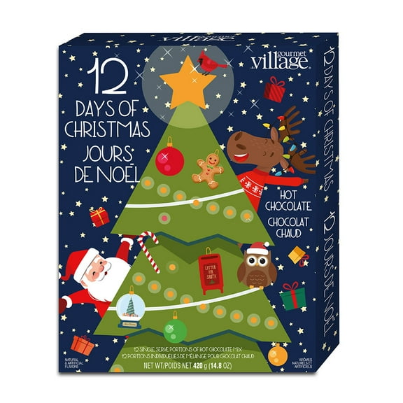 Gourmet du Village Advent Calendar Gift Box, 12 Christmas Season Single-Serve Hot Chocolate Mixes in Assorted Flavors