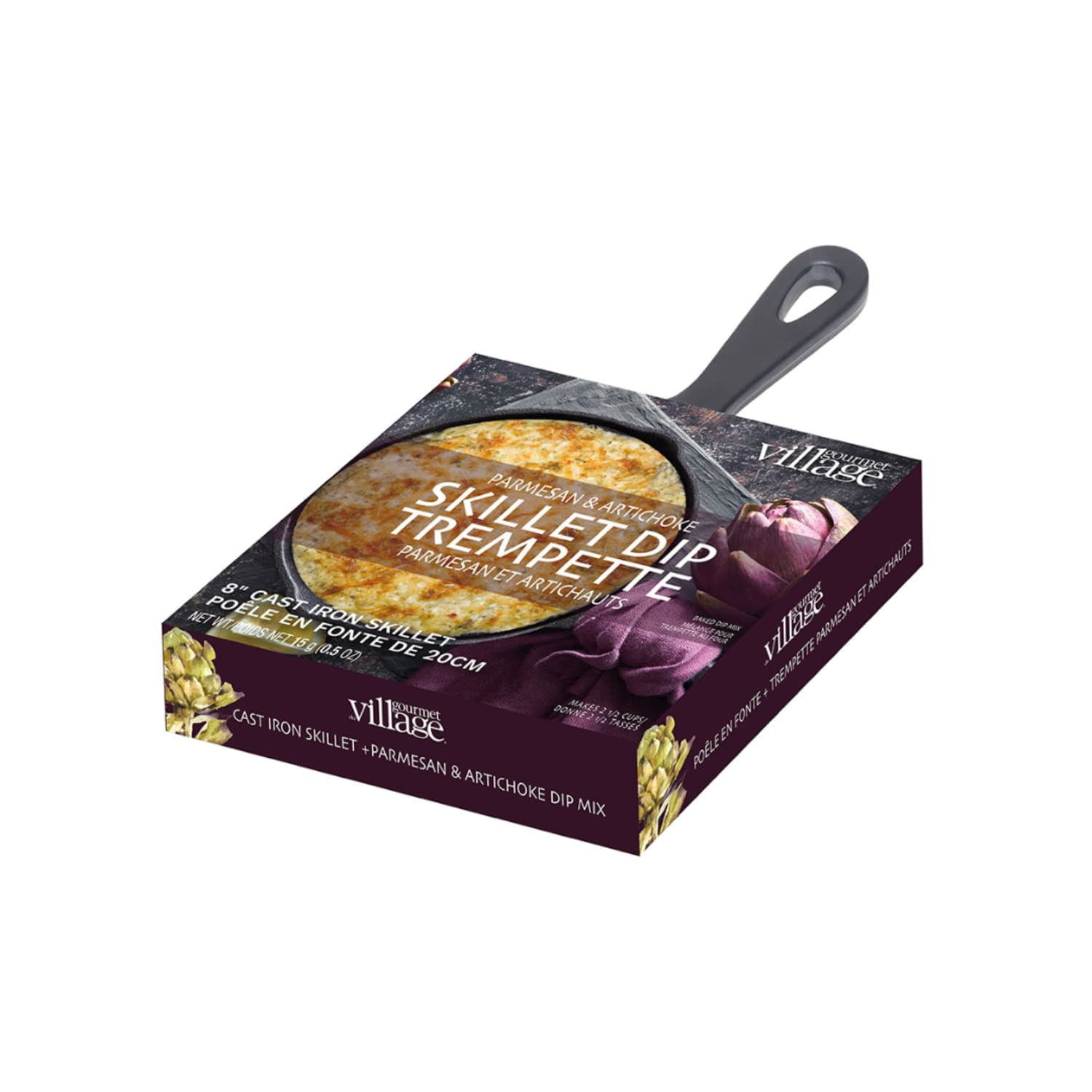 Gourmet du Village Skillet Dip Mix Kit, Savory Herb Spice Cheese Dip Mix with 8 inch Cast Iron Skillet, Parmesan Artichoke