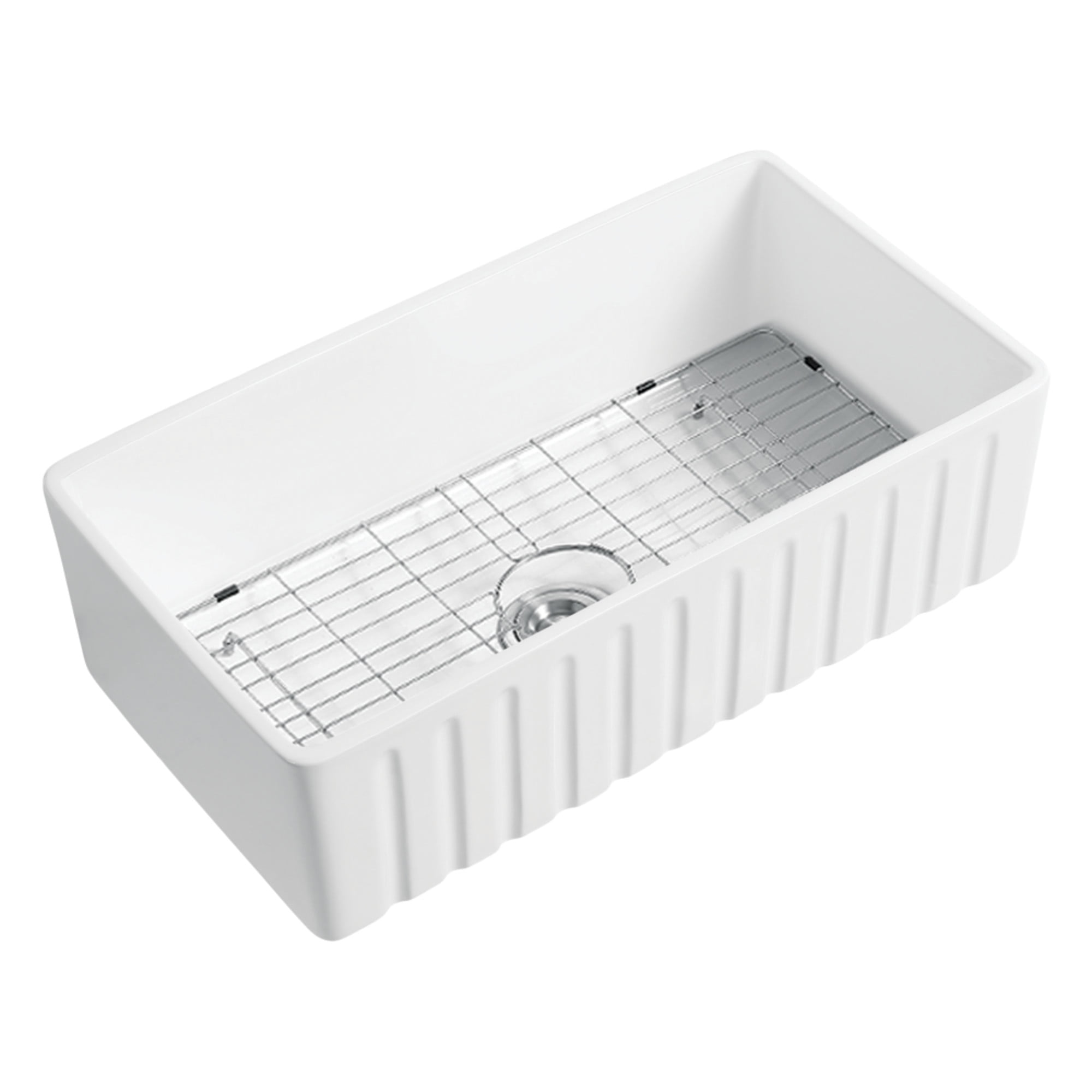 Gourmetier GPKF301810 Kaolin 30-Inch Ceramic Apron Front Single Bowl Farmhouse Kitchen Sink with Bottom Grid and Strainer, Glossy White
