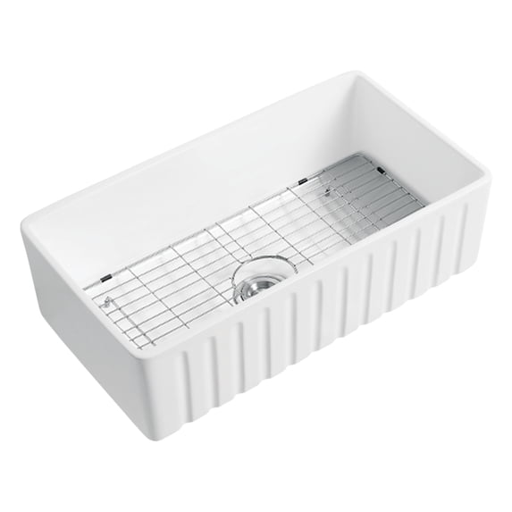 Gourmetier GPKF301810 Kaolin 30-Inch Ceramic Apron Front Single Bowl Farmhouse Kitchen Sink with Bottom Grid and Strainer, Glossy White