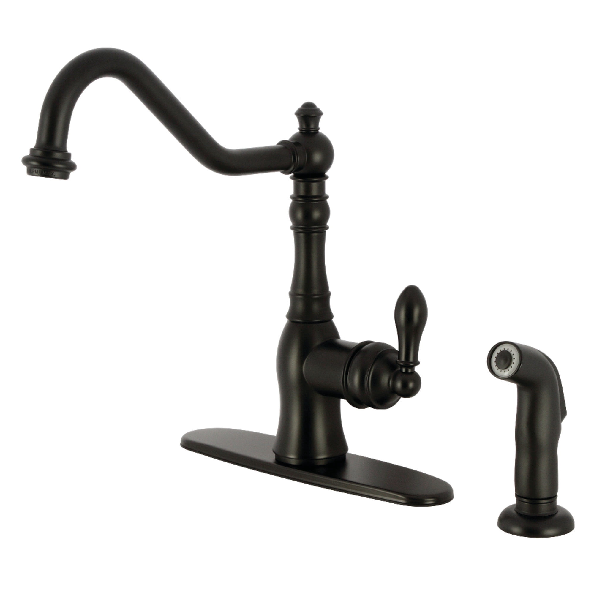 Kingston Brass GSY7700ACLSP American Classic Single-Handle 2-or-4 Hole Deck Mount Kitchen Faucet with Side Sprayer in Matte Black