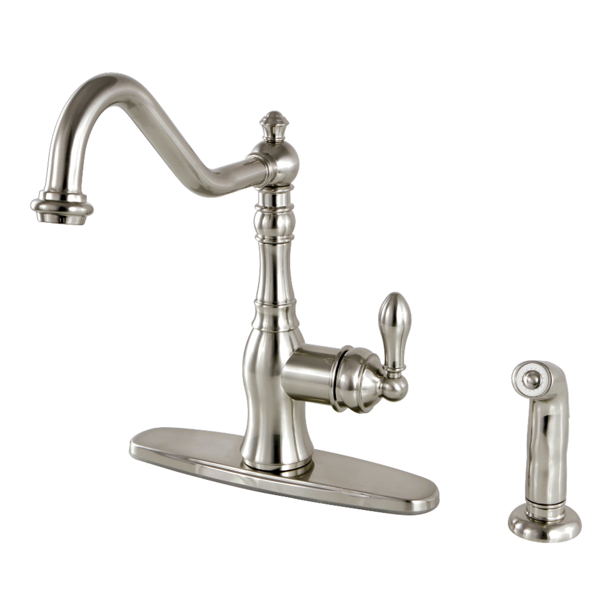 Kingston Brass GSY7708ACLSP American Classic Single-Handle 2-or-4 Hole Deck Mount Kitchen Faucet with Side Sprayer in Brushed Nickel