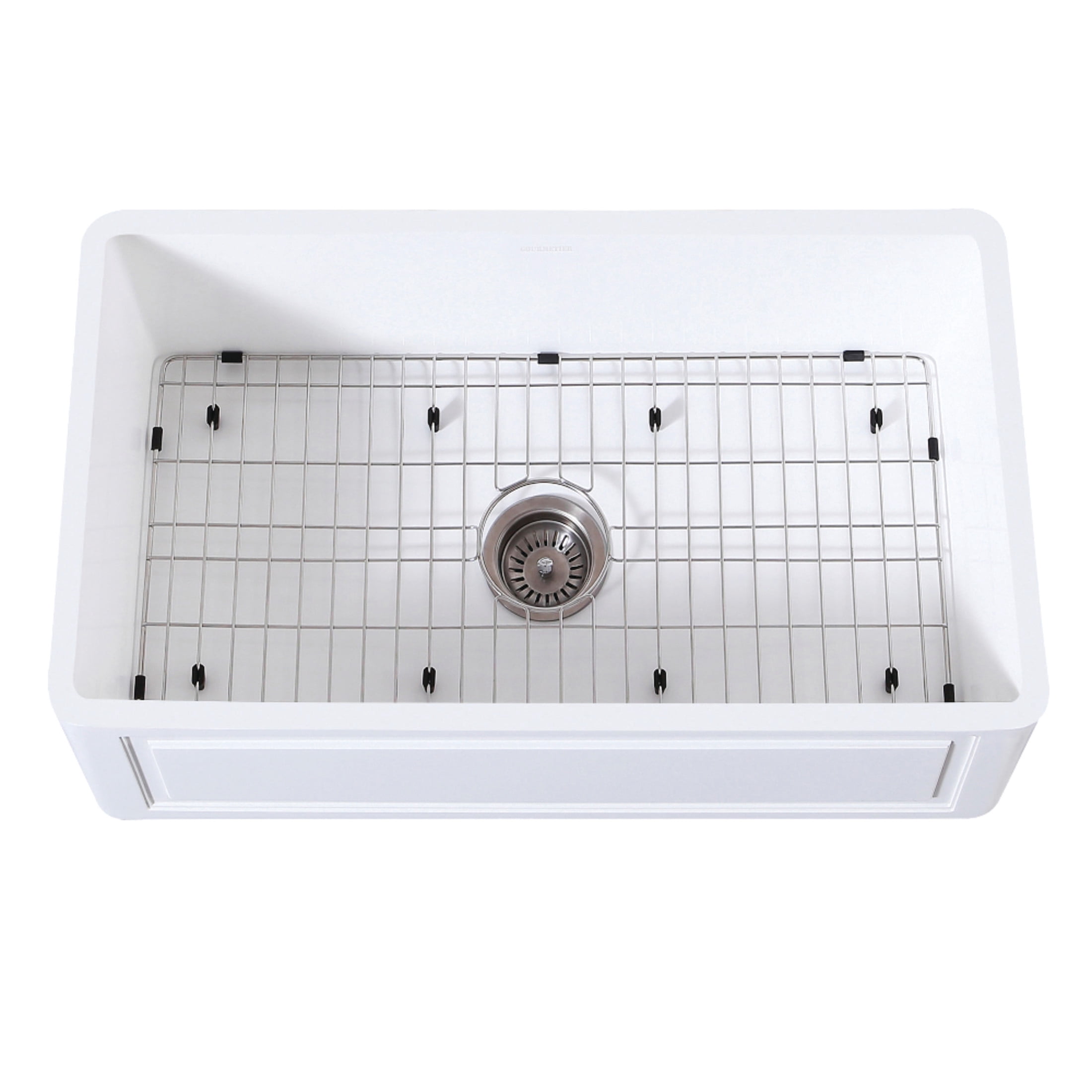 Gourmetier KGKFA331810LD Arcticstone 33-Inch Solid Surface White Stone Apron-Front Single Bowl Farmhouse Kitchen Sink with Strainer and Grid in Matte White/Brushed