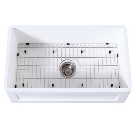 Gourmetier KGKFA331810SQ Arcticstone 33" Solid Surface White Stone Apron-Front Single Bowl Farmhouse Kitchen Sink with Strainer and Grid, Matte White/Brushed
