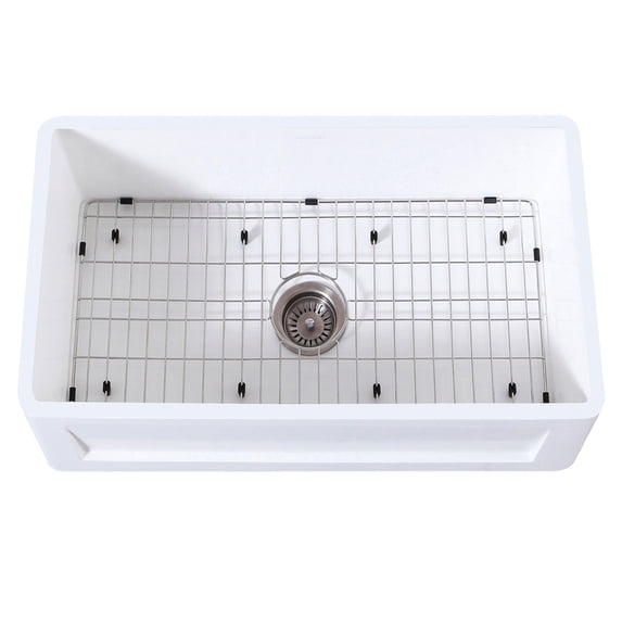 Gourmetier KGKFA331810SQ Arcticstone 33-Inch Solid Surface White Stone Apron-Front Single Bowl Farmhouse Kitchen Sink with Strainer and Grid in Matte White/Brushed