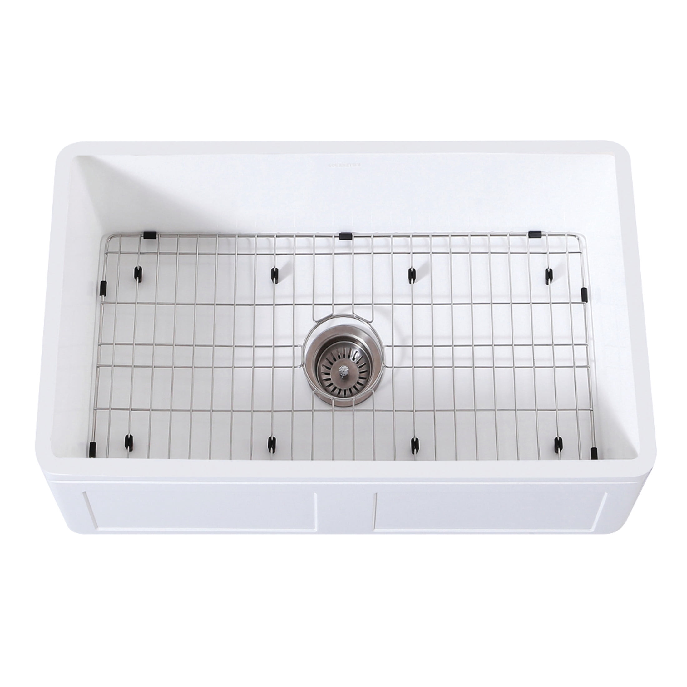 Gourmetier KGKFA301810DS Arcticstone 30-Inch Solid Surface White Stone Apron-Front Single Bowl Farmhouse Kitchen Sink with Strainer and Grid in Matte White/Brushed
