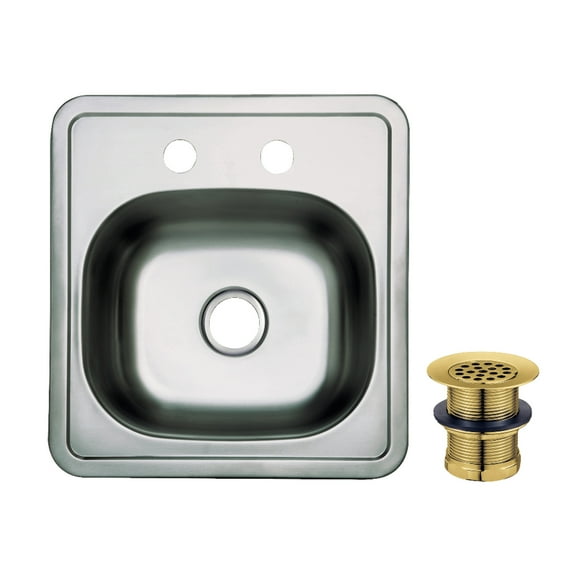 Gourmetier Studio KGKTS15157 15" Stainless Steel Self-Rimming Single Bowl Drop-In Bar Prep Sink with 2-Hole Drain and Strainer, Stainless Steel/Brushed Brass