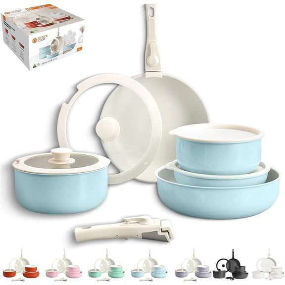 Gourmetific Cookware Set, Gourmetific Cookware Set Stackables With Removable Handle, 5/9/11/15 Piece, Oven Safe, Easily Clean, for Kitchen (Blue,5Pcs)