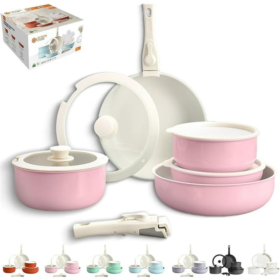 Gourmetific Cookware Set, Gourmetific Cookware Set Stackables With Removable Handle, 5/9/11/15 Piece, Oven Safe, Easily Clean, for Kitchen (Pink,5Pcs)