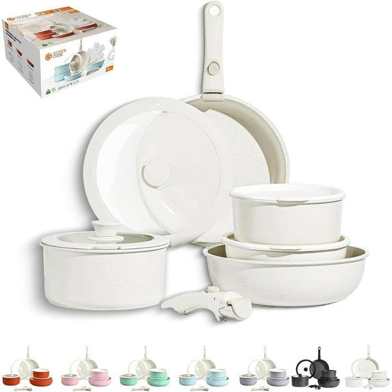 Gourmetific Cookware Set, Gourmetific Cookware Set Stackables With Removable Handle, 5/9/11/15 Piece, Oven Safe, Easily Clean, for Kitchen (White,9Pcs)